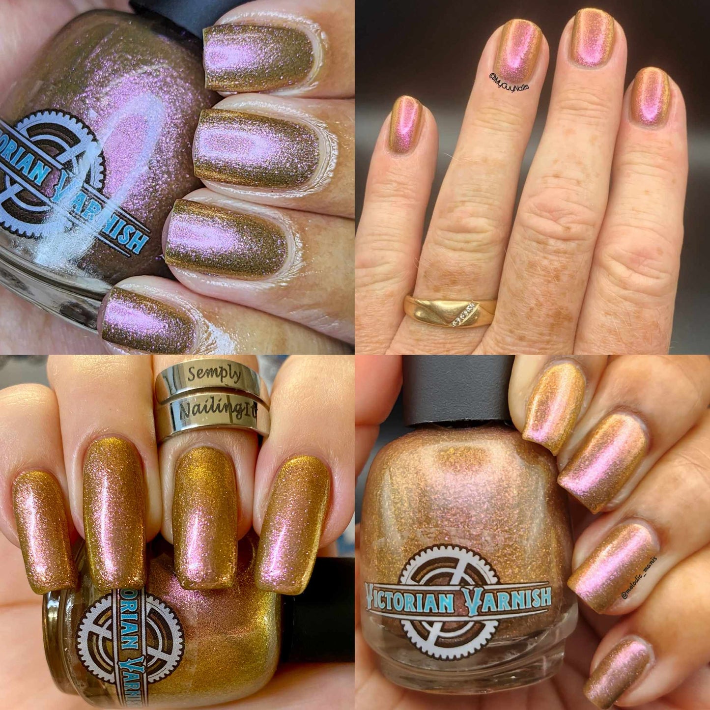 Rose Gold to Bright golden base with pink/fuschia/purple/blue twinkling shimmers So much pizzazz, your brew will be the talk of the town!