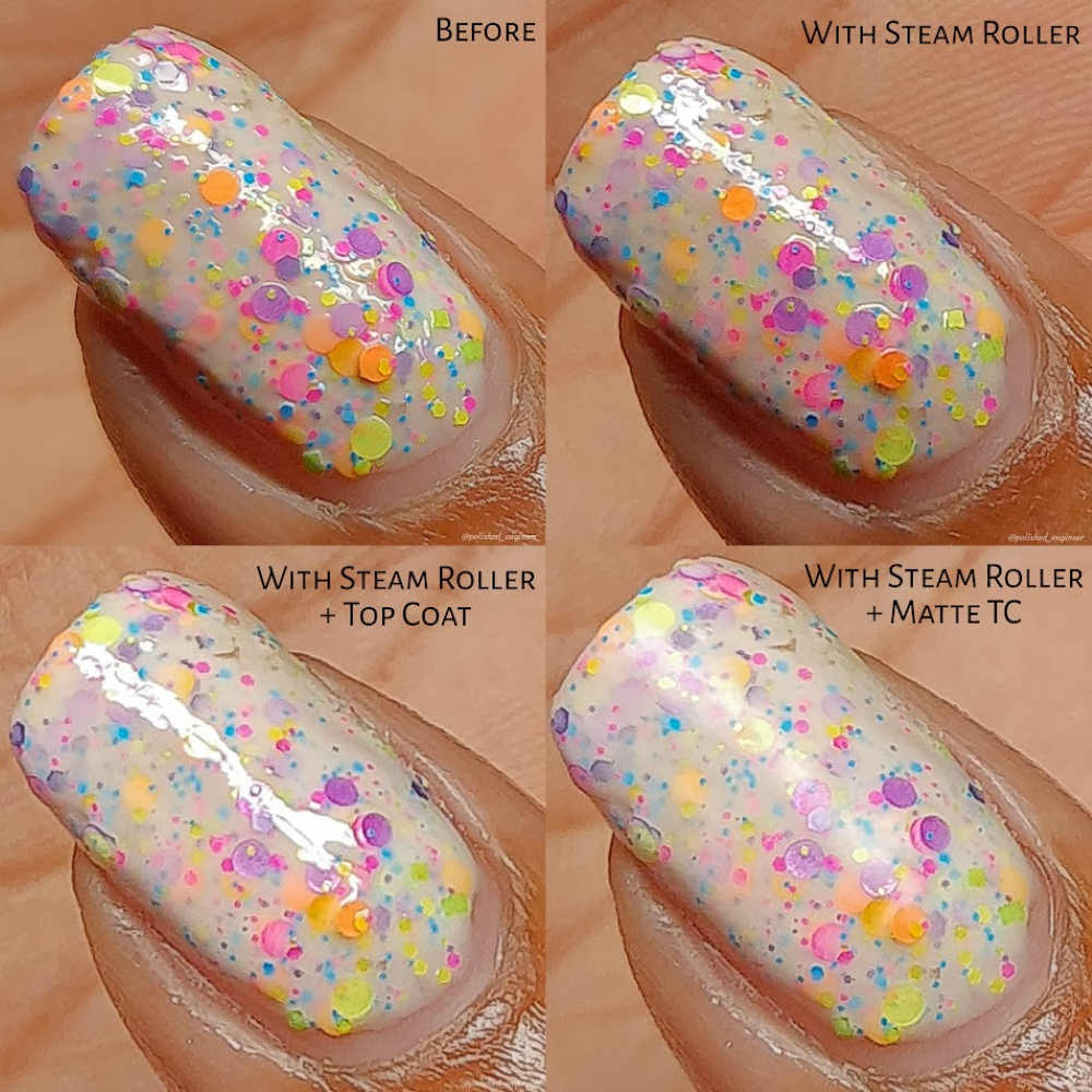 Application Usage: Use as a Ridge Filling Base Coat - a perfect start to any mani or use as a Texture Smoothing topcoat with a textured polish. After you have applied your polish with a glitter, flakie, glow in the dark, or reflective glitter finish and let it FULLY dry, add a layer of Steam Roller on top, it applies shiny but dries semi-satin and then are ready for a glossy or matte topcoat -we recommend Illuminate and Cloud Cover- It will add that extra layer of smoothing action to that texture.