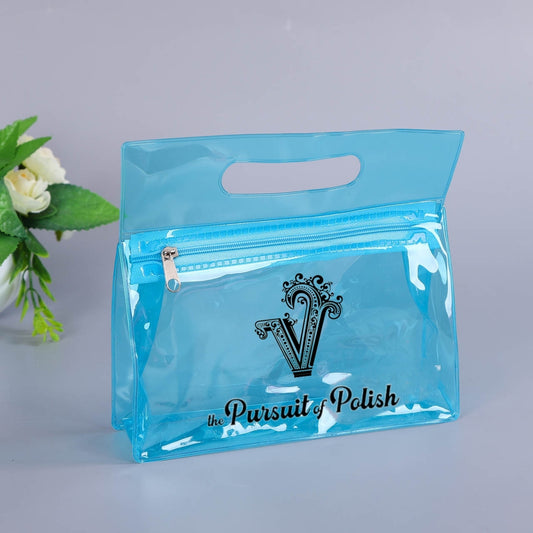 Clear blue pouch with 'the Pursuit of Polish' logo on a light gray background