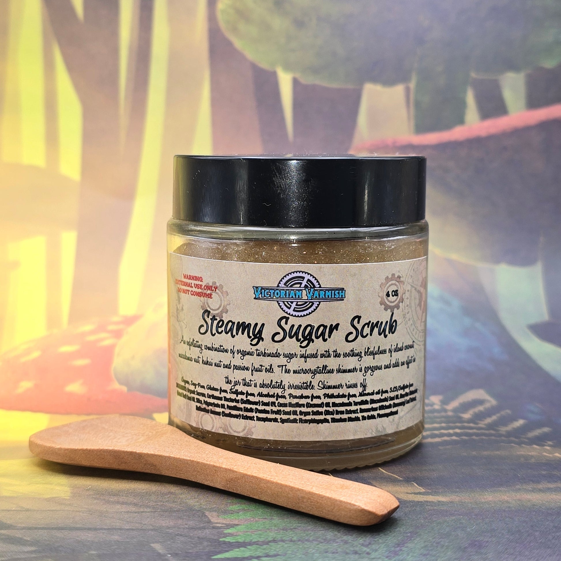 Jar of steamy sugar scrub with a wooden spoon on a colorful background
