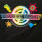 A close-up of a black garment featuring a colorful printed graphic with the text 'VICTORIAN VARNISH' and 'Victorianvarnish.com' over a rainbow gear design, alongside small bright decorative icons.