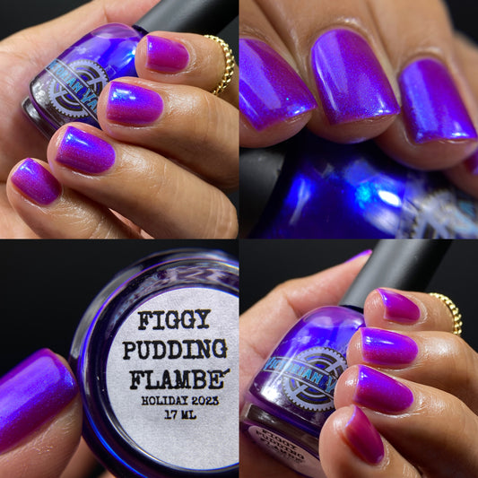We were inspired by lighting the pudding on fire and the blue flame that emerges - A Figgy purple jelly base with berry undertones and large particle aurora shimmer in blues/purples.