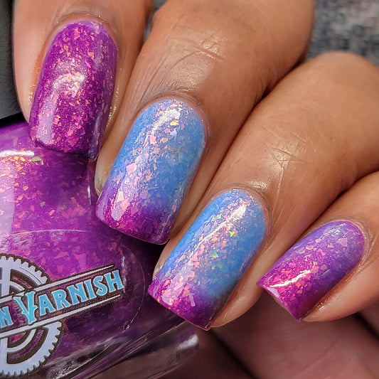 Neon Purple (Cold) to Neon Pastel Blue (Hot) with large particle pink shimmers and crystal chameleon flakies.
