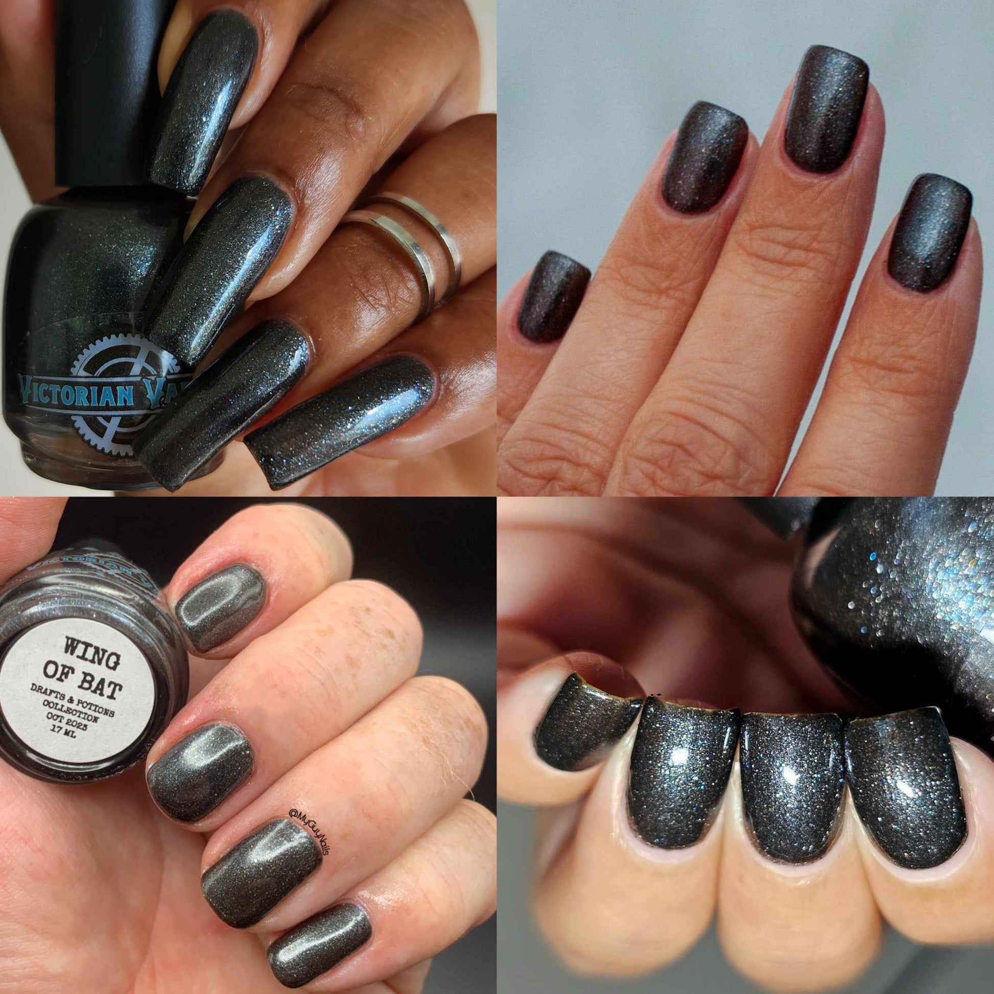 Black/almost dark gray with silver and blue twinkling shimmers that creates a unique and eye-catching look!
