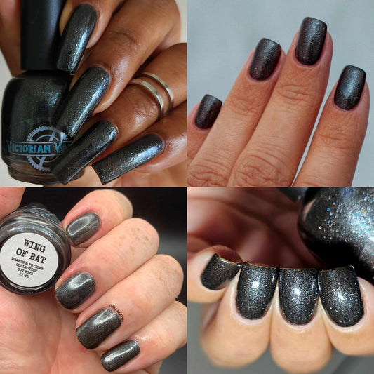 Black/almost dark gray with silver and blue twinkling shimmers that creates a unique and eye-catching look!