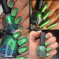 Grey Base with a purple undertone at extreme angles and emerald green twinkling shimmers Let yourself be transformed by its mysterious, alluring power and unleash your inner witch's abilities!