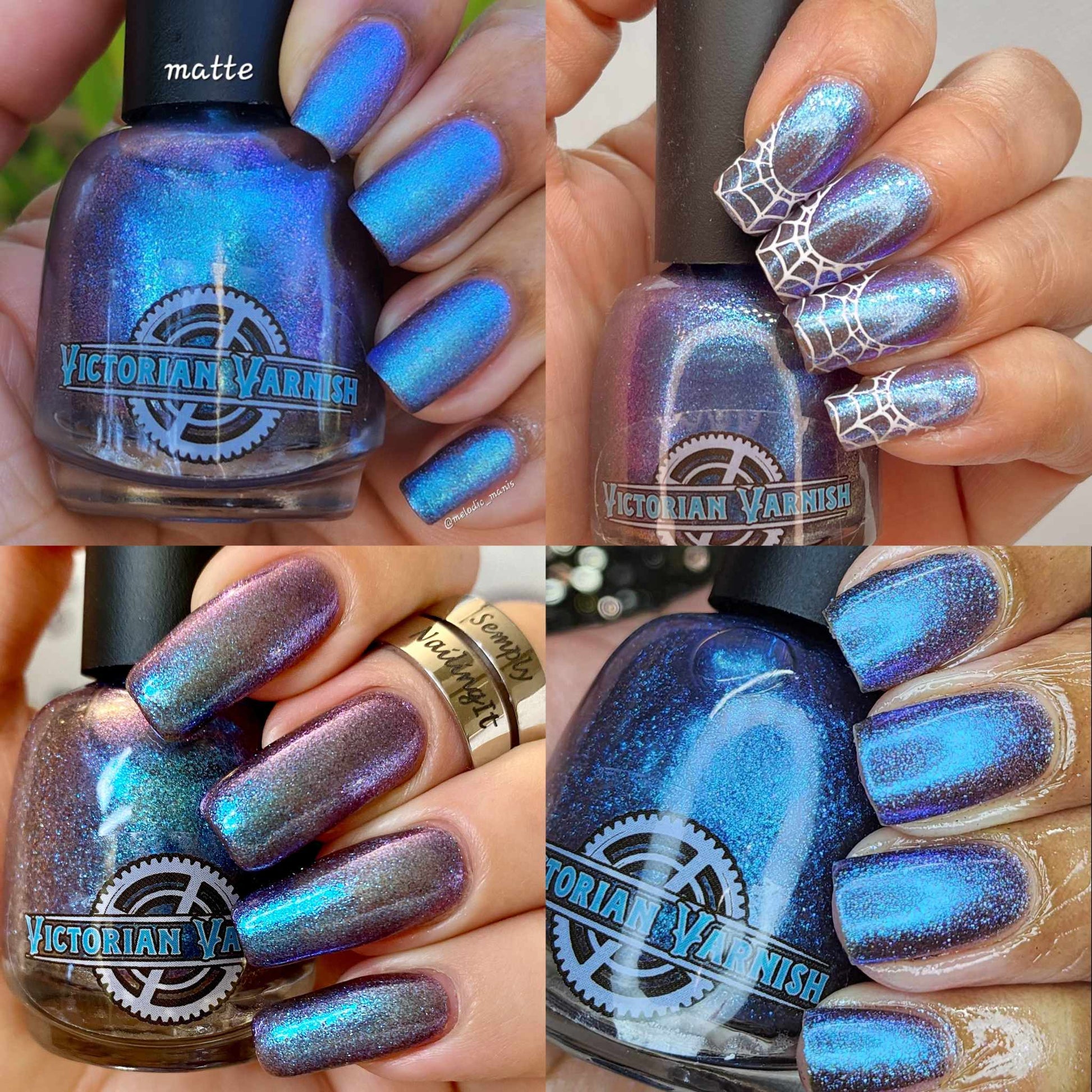 Grey base with purple undertones with blue/aqua twinkling shimmers. Bring a magical touch to your mani with a captivating cobweb trim. 