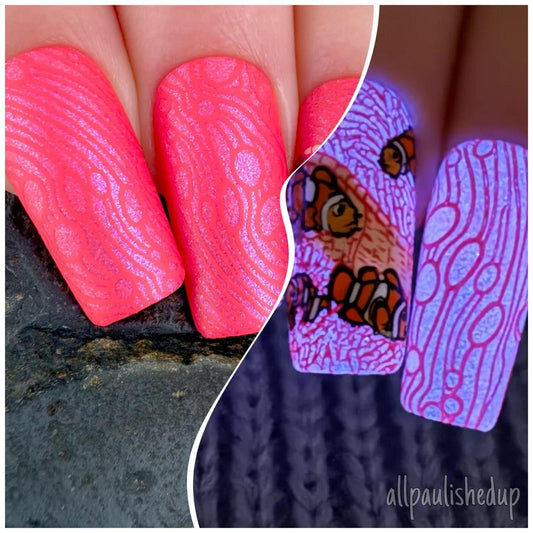 A beautiful pinky coral that has a lovely blend of pink/purple/blue large particle shimmers and BlackLight reactive glows hot pink, when charged it glows a bright blue/violet/white. This is a different glow pigment and it is a bit heavier so a good shake will release it if any settling is noticed at the bottom.