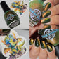 Collage of a bottle of green glittery nail polish with 'Victorian Varnish' branding, applied nails, and dragon-themed stickers.