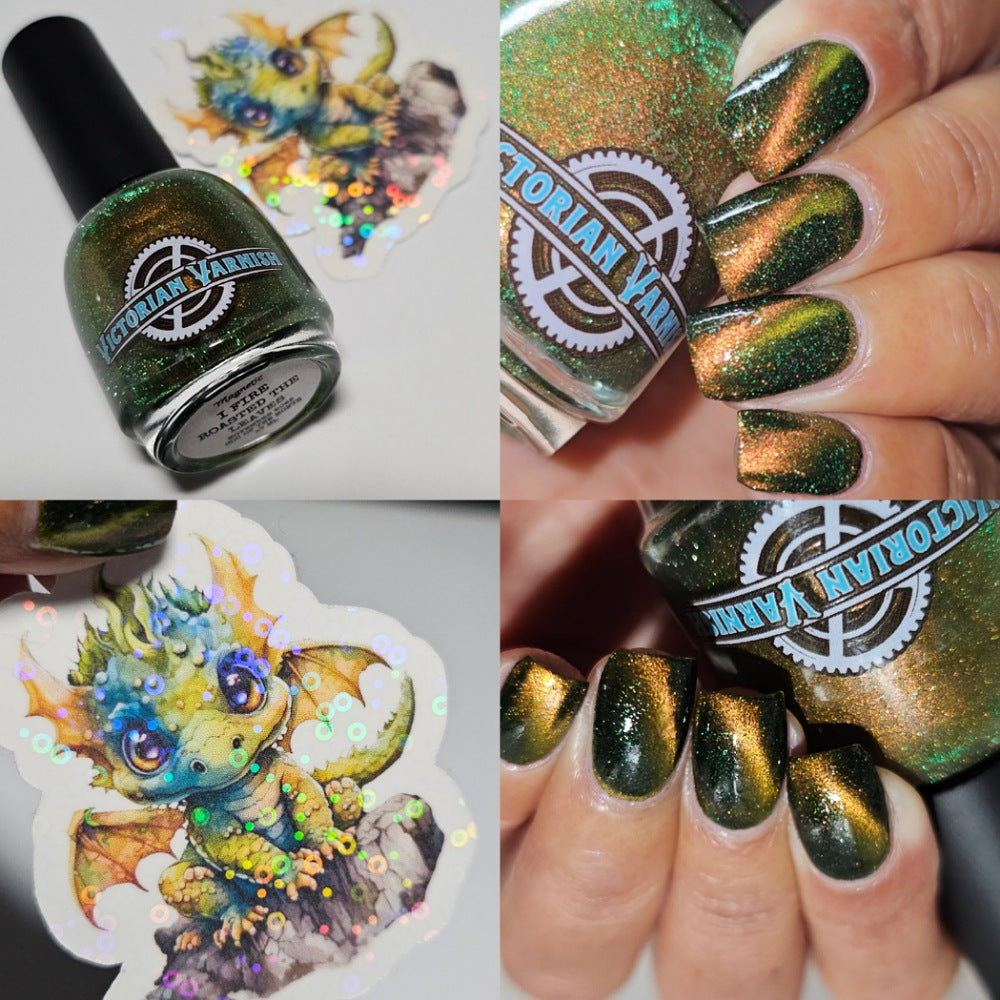 Collage of a bottle of green glittery nail polish with 'Victorian Varnish' branding, applied nails, and dragon-themed stickers.